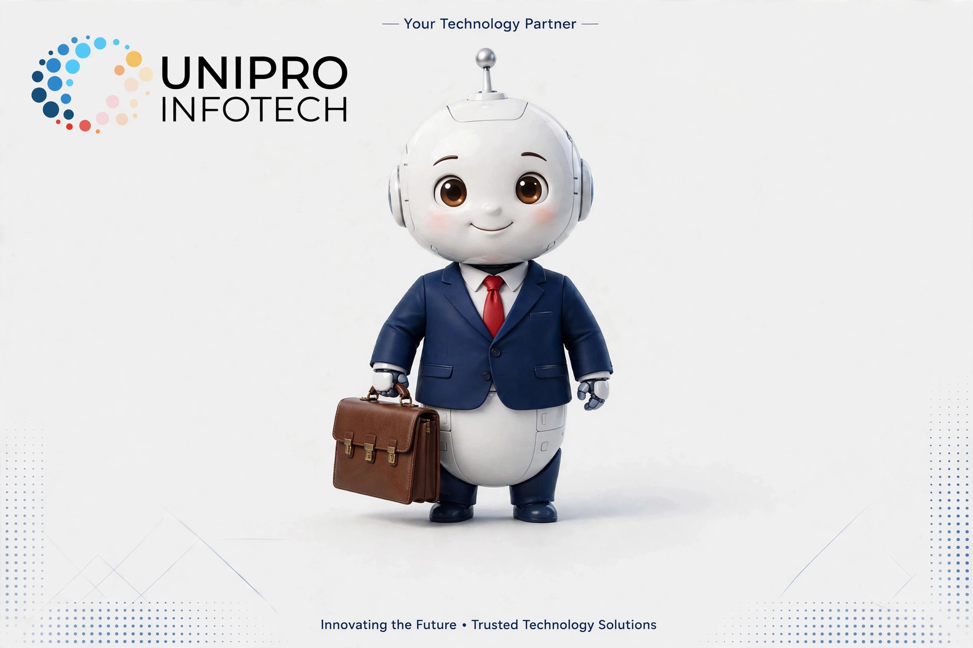 Unipro Infotech technology advisor mascot in a navy suit holding a briefcase